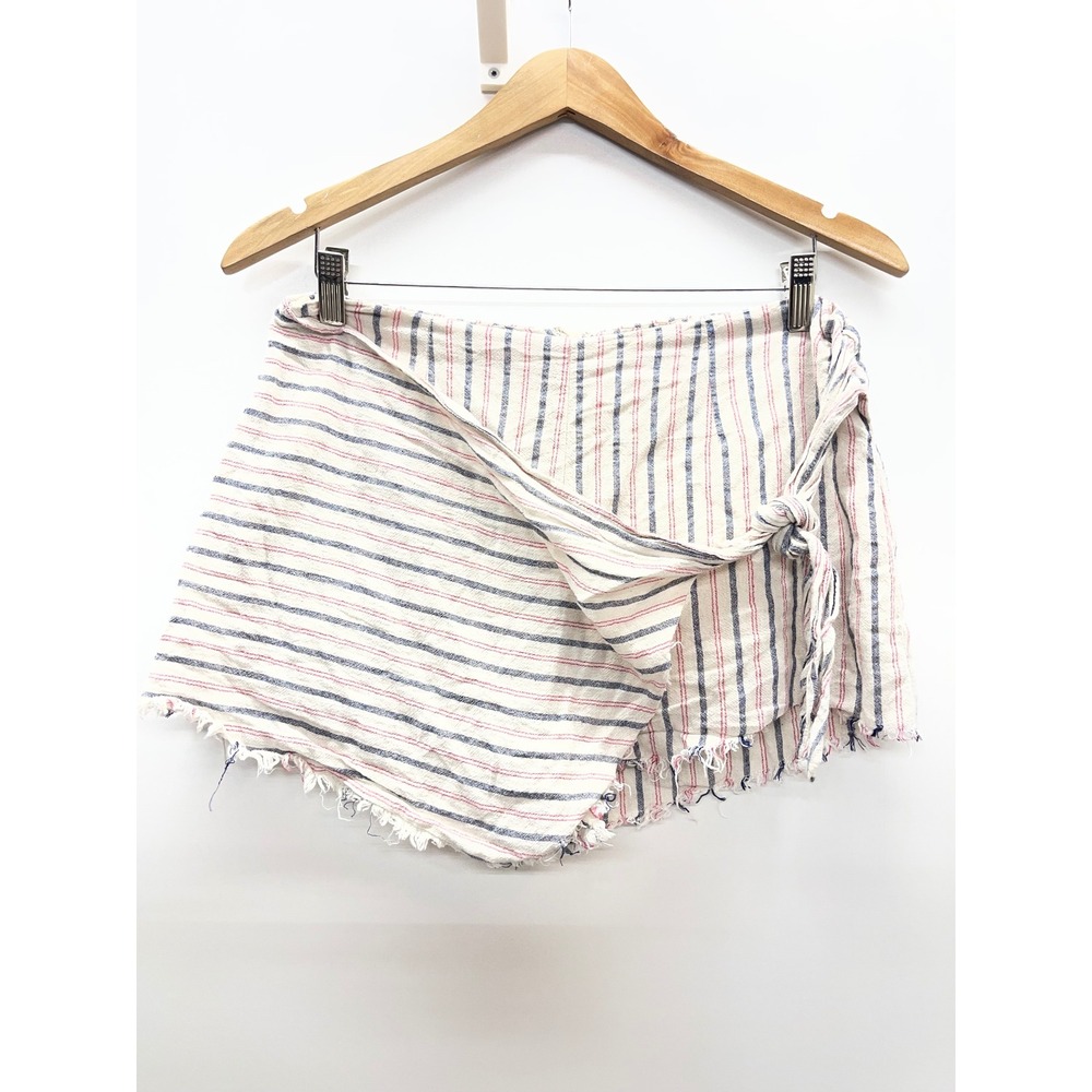 Native Daughters‎ Striped Wrap Skort Cotton Linen Blend Frayed Hem Cream Large